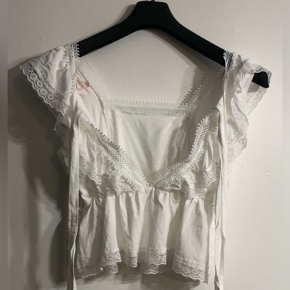 Women’s lace blouse 100% rayon back V-neck tie bow front square neck white. M - Picture 2 of 5